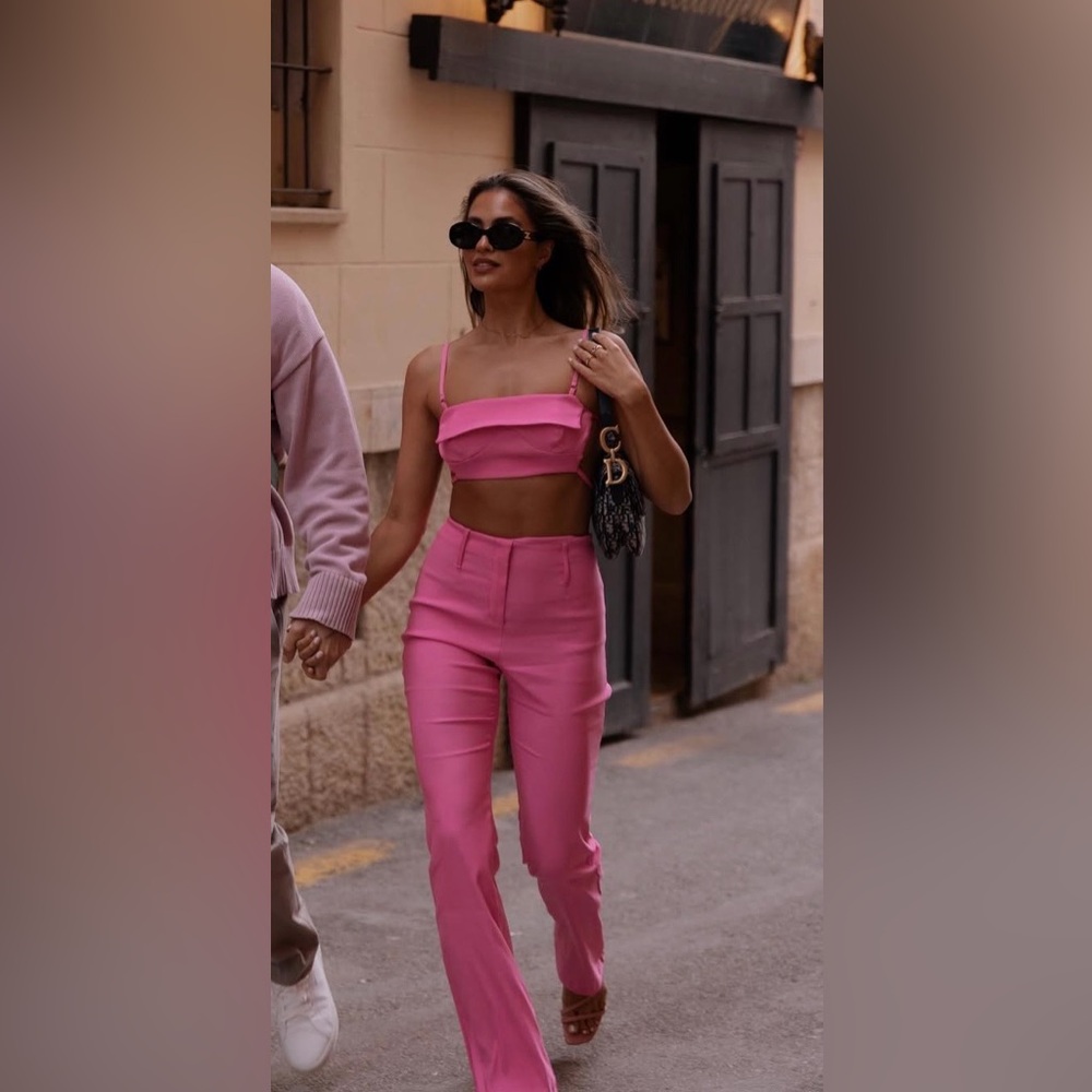 ASOS DESIGN x MILLIE folded minimal strappy back top and pants in hot pink